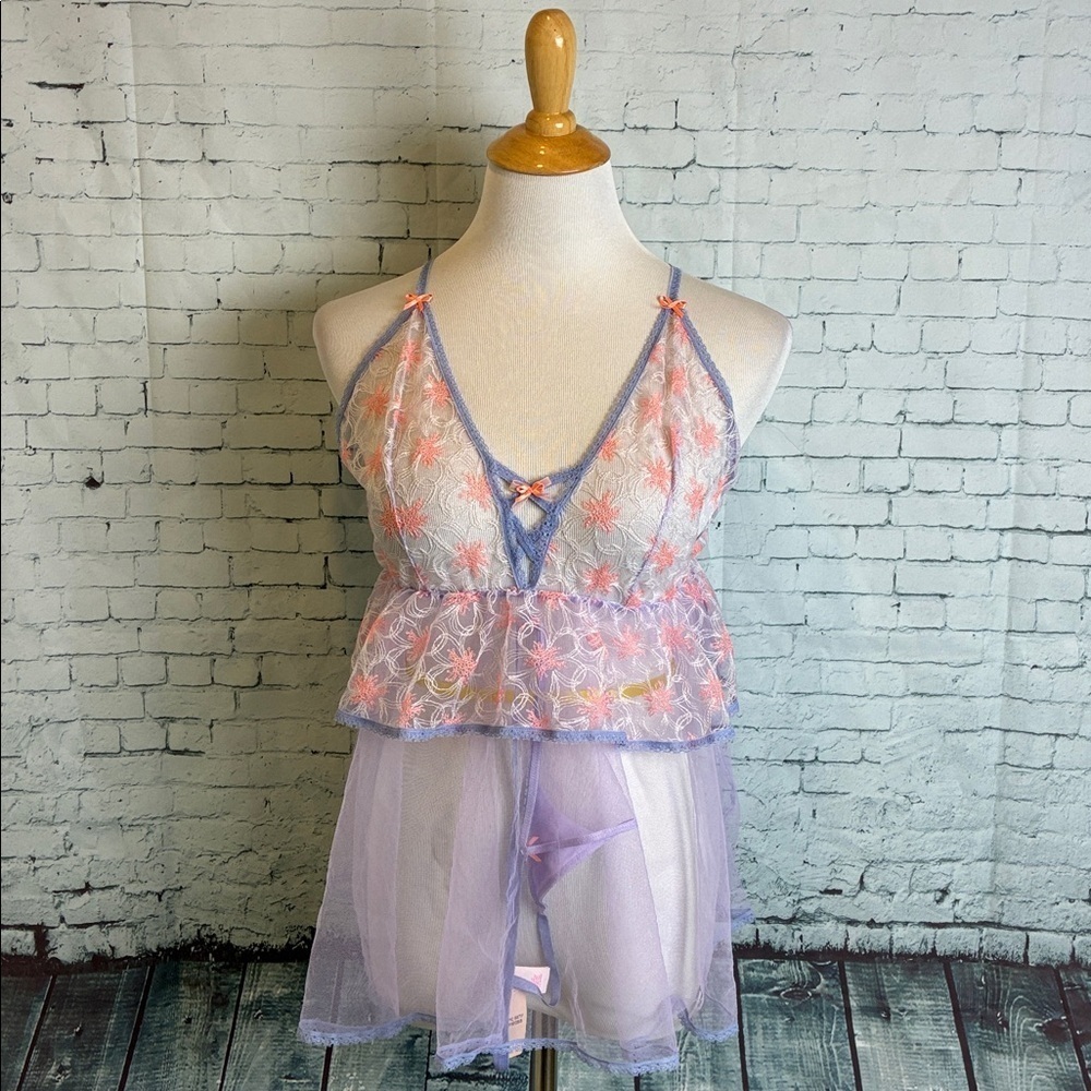 Victoria's Secret Tulle Babydoll Nighty & Thong Set Sz L Coquette Feminine NEW